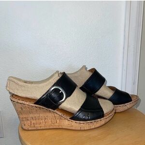 Born Gemala Leather Cork Wedge Sandals Black Size 8 39 Comfort Platform